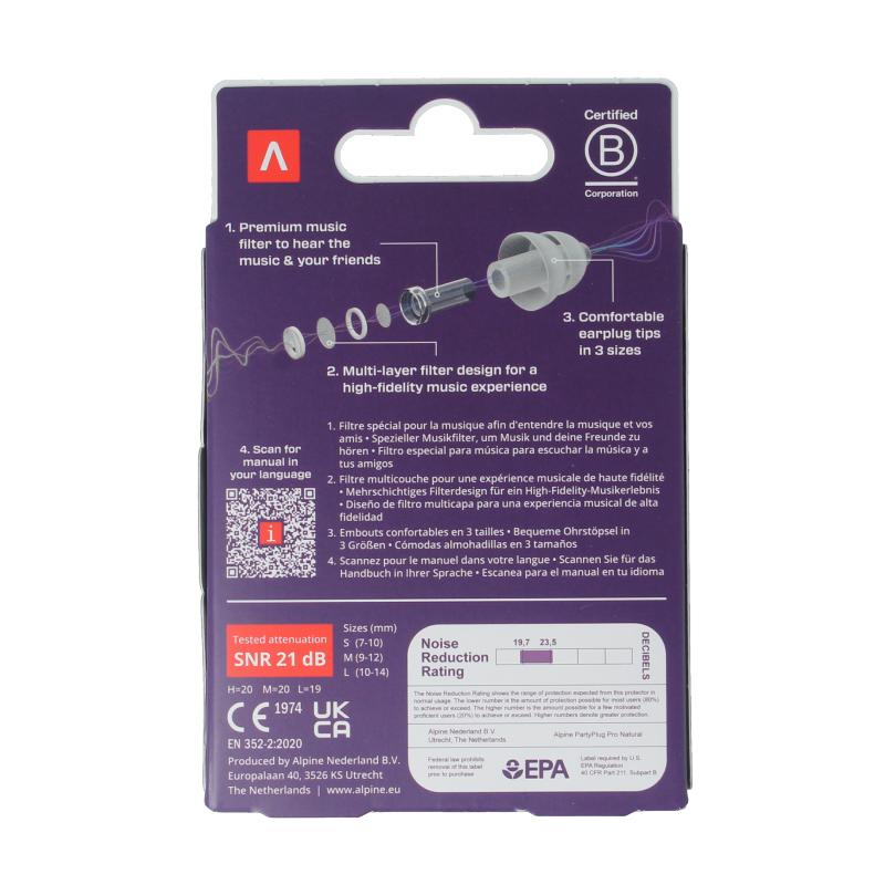 Alpine PartyPlug Pro transparent ear protection, pair of custom-fit hearing protectors for noise reduction and comfort.