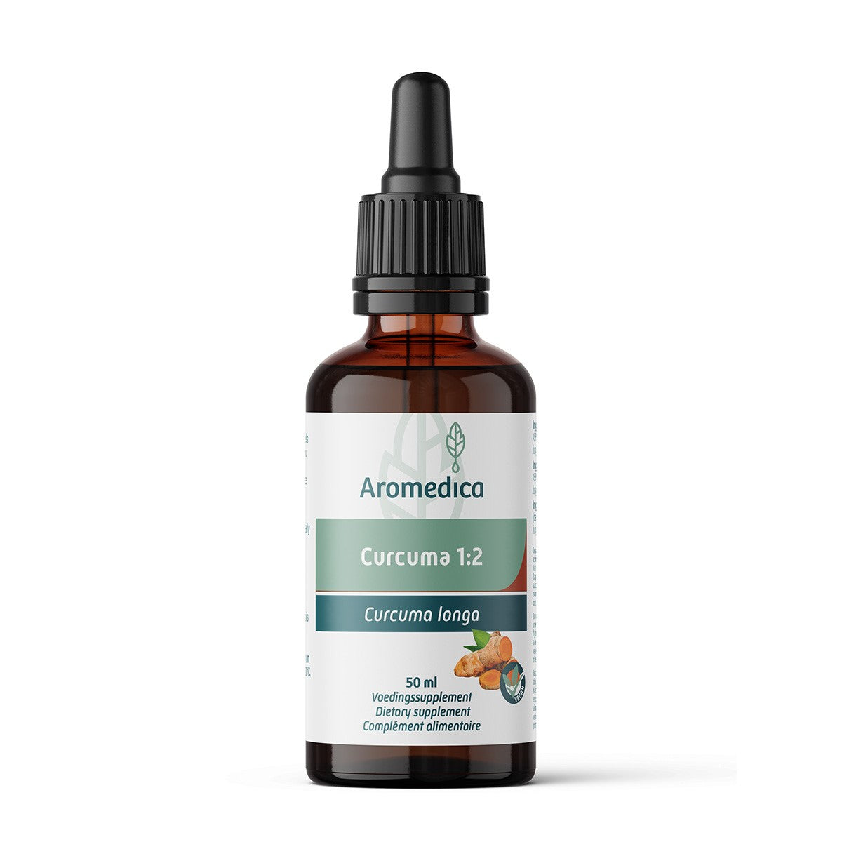 Aromedica Curcuma 1:2 herbal supplement in a 50ml bottle, part of Aromedica's kruidenpreparaten line, with turmeric extract label.