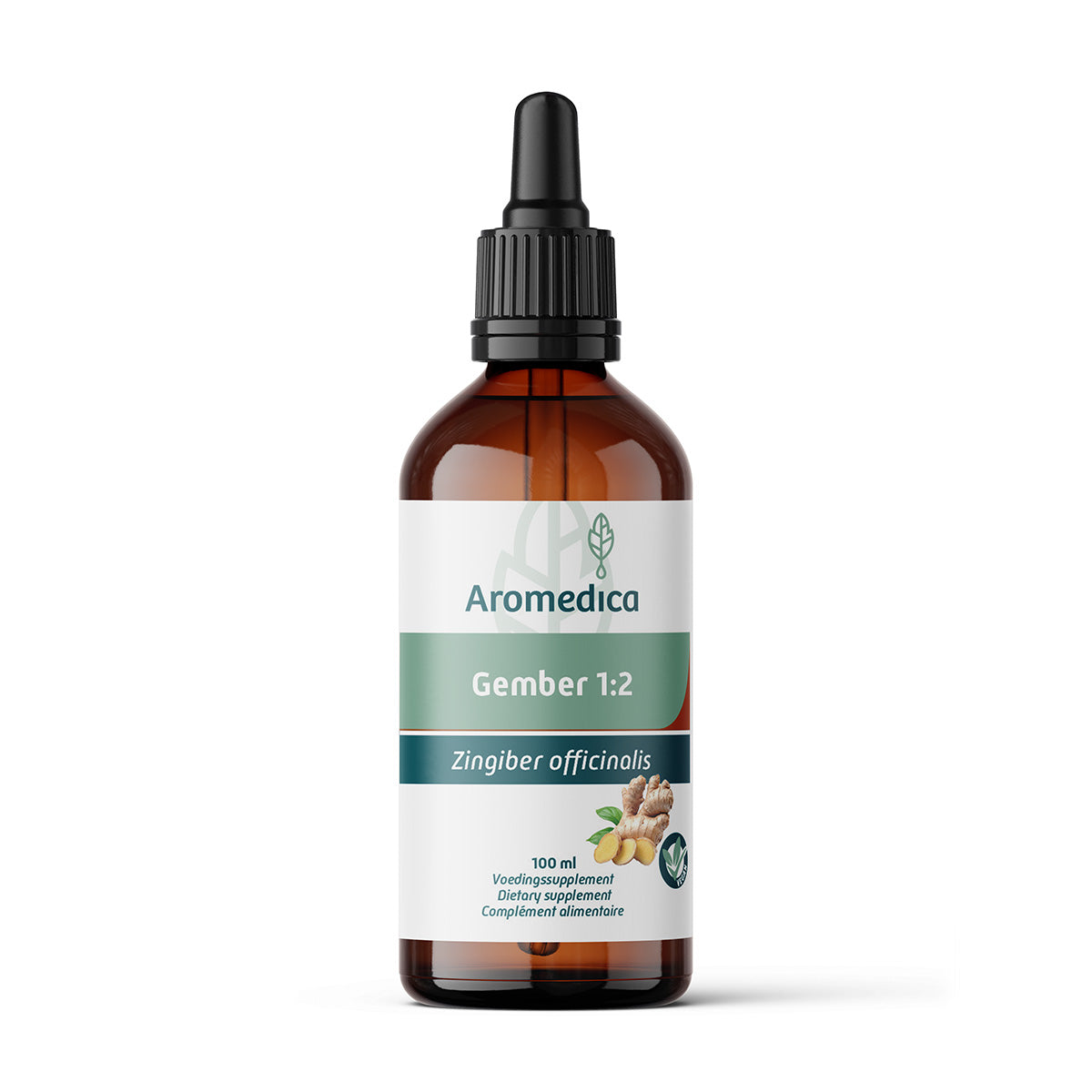 Aromedica Gember 1:2 herbal supplement in a 100ml bottle, featuring fresh ginger root on the label and packaging.