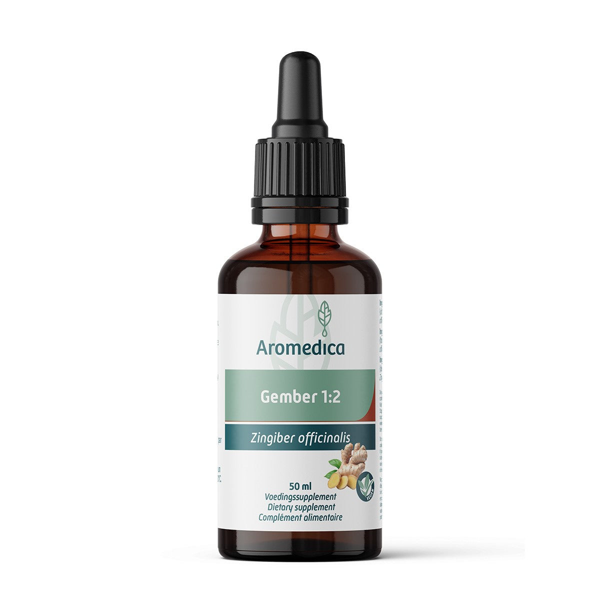 Aromedica Gember 1:2 herbal preparation in a 50ml bottle, featuring fresh ginger roots and herbal ingredients.