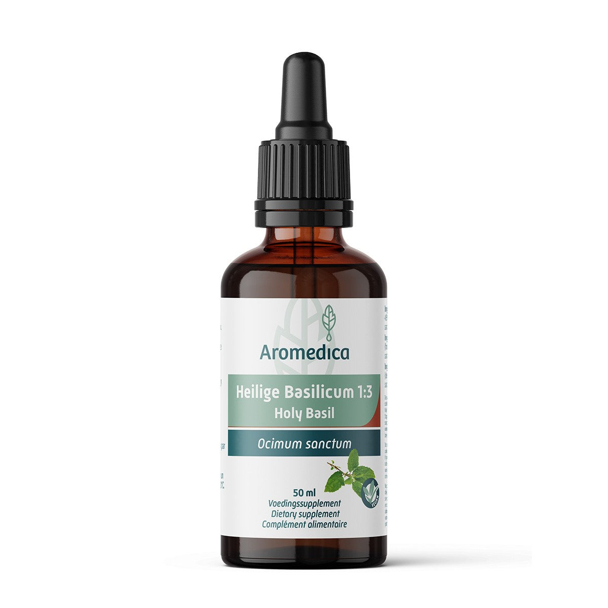 Aromedica Heilige Basilicum herbal preparation 1:3 in a 50ml bottle, featuring fresh basil leaves and herbal extract label.