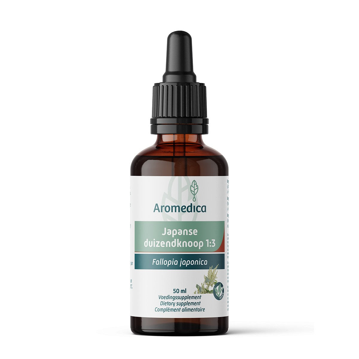 Aromedica Japanese Knotweed herbal extract bottle, 50ml, in a clear glass container with a white cap, labeled with product details.