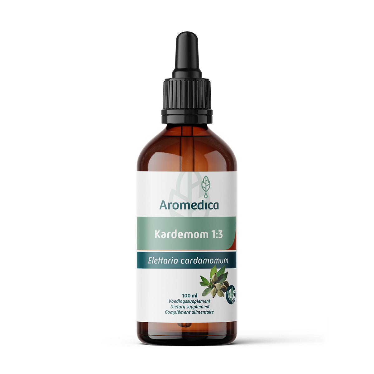 Aromedica Kardemom 1:3 herbal preparation bottle, 100ml, in a clear glass container with a white label displaying product details.