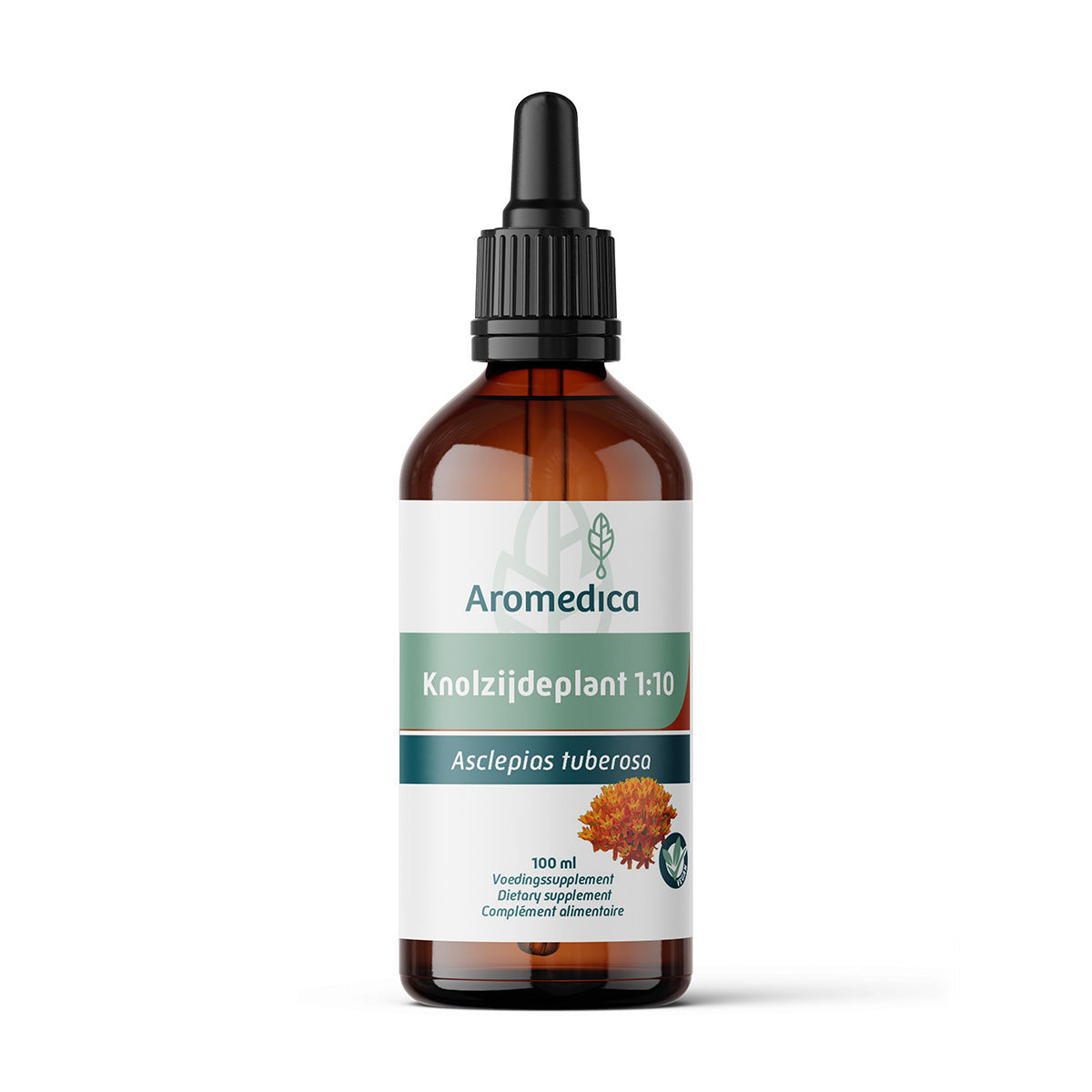 Aromedica Knolzijdeplant herbal preparation bottle 1:10, 100ml, in a clear container with a white label featuring the Aromedica branding.