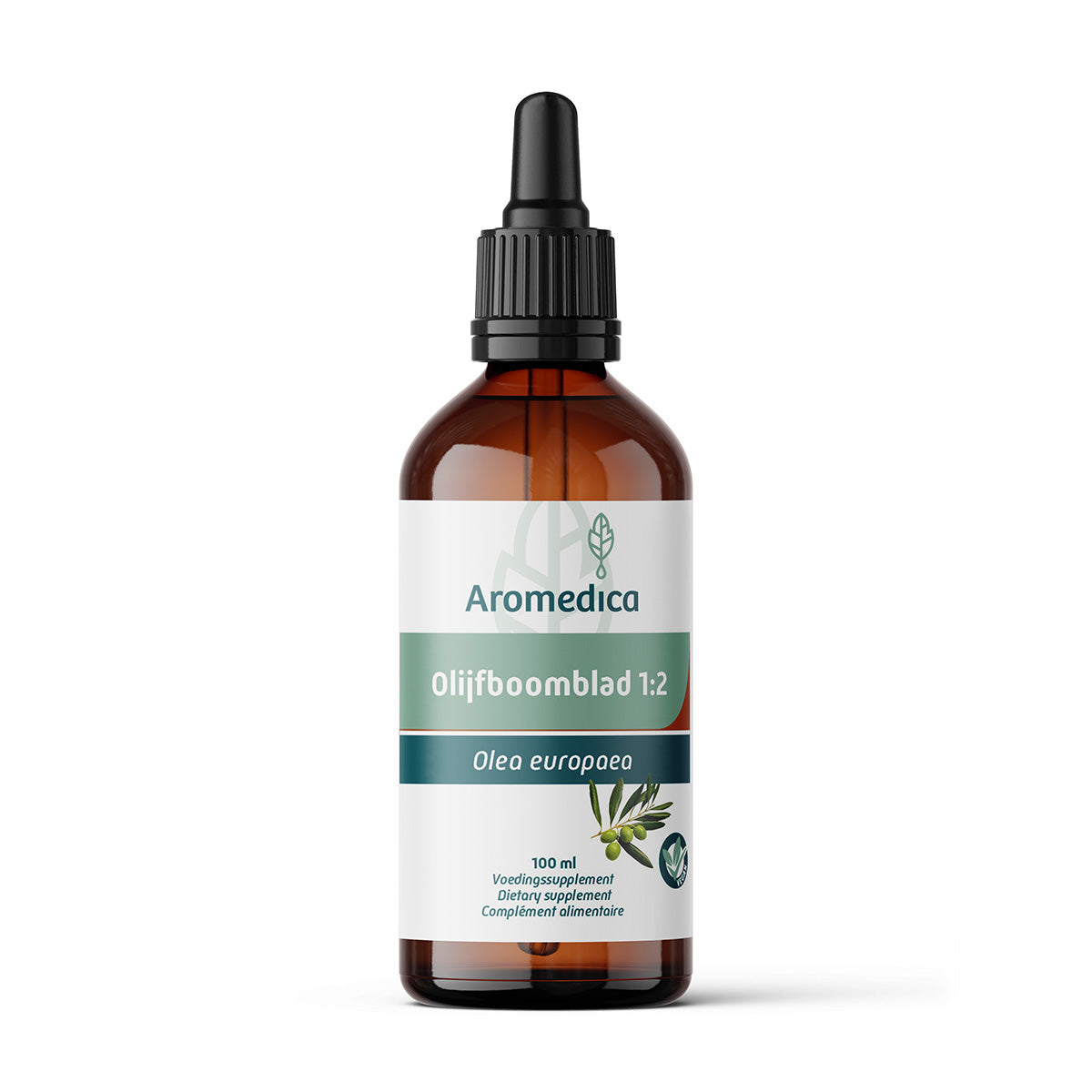 Aromedica Olijfboomblad herbal preparation in 100ml bottle, natural herbal supplement for wellness and health.