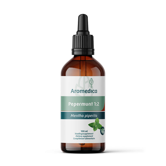 Aromedica Pepermunt herbal preparation bottle with label, containing 100ml of peppermint extract in a clear glass bottle.