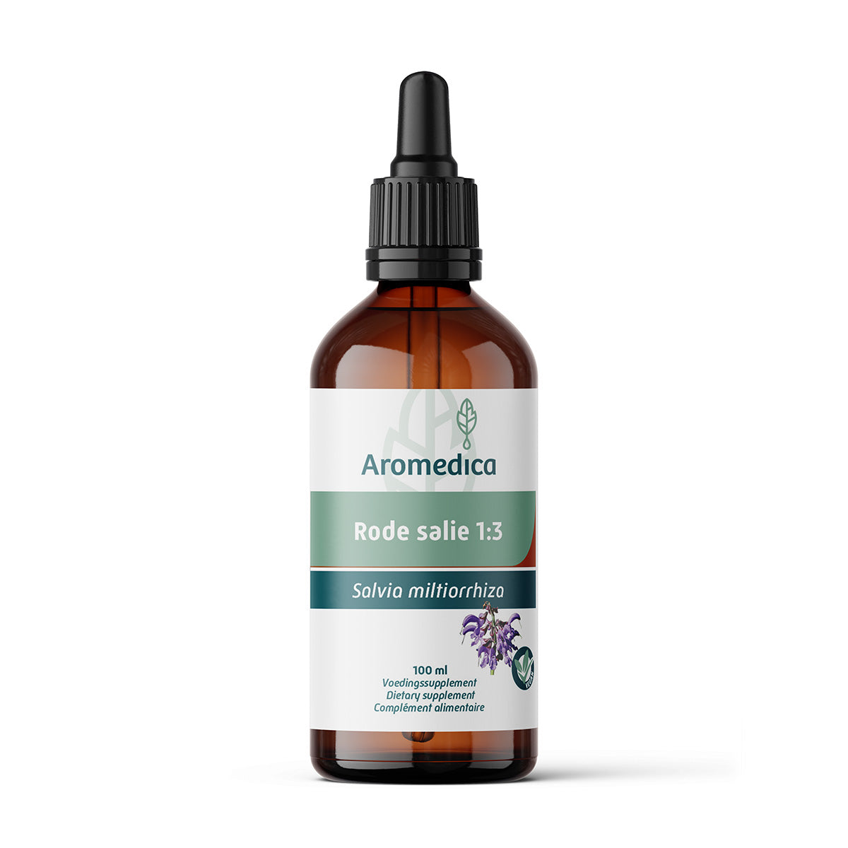 Aromedica Rode Salie herbal preparation in a 100ml bottle, part of Aromedica's kruidenpreparaten collection, with label and cap visible.