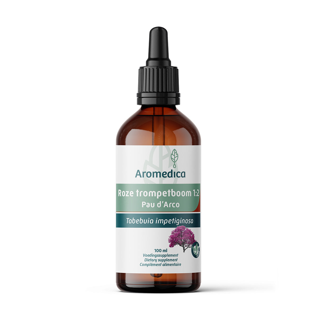 Aromedica Roze Trompetboom Pau 'd Arco herbal preparation bottle, 100ml, from Aromedica, with label and product details visible.