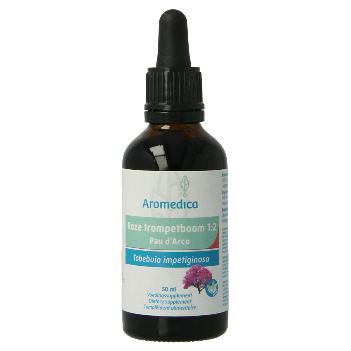 Aromedica Roze Trompetboom Pau 'd Arco herbal preparation in a 50ml bottle, featuring dried Pau 'd Arco bark and herbal ingredients.