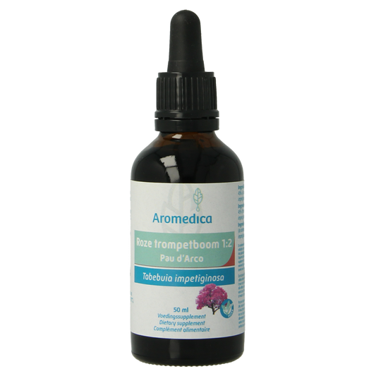 Aromedica Roze Trompetboom Pau 'd Arco herbal preparation in a 50ml bottle, featuring dried Pau 'd Arco bark and herbal ingredients.