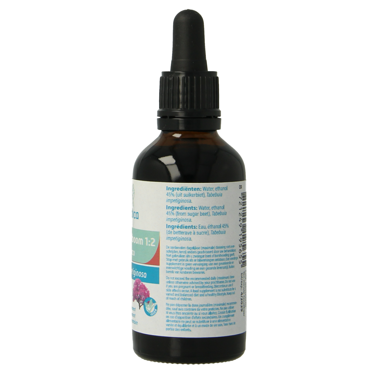 Bottle of Aromedica Roze Trompetboom Pau 'd Arco herbal preparation, 50ml, with label showing the product name and brand.