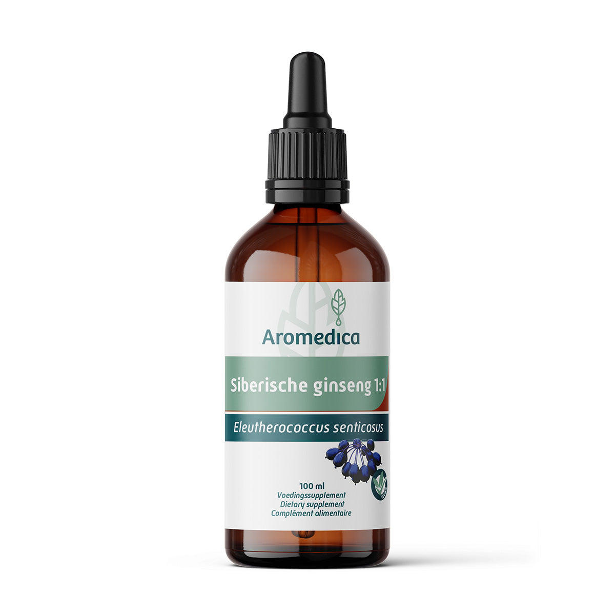 Aromedica Siberische Ginseng 1:1 herbal preparation in 100ml bottle, featuring the product label and herbal ingredients.