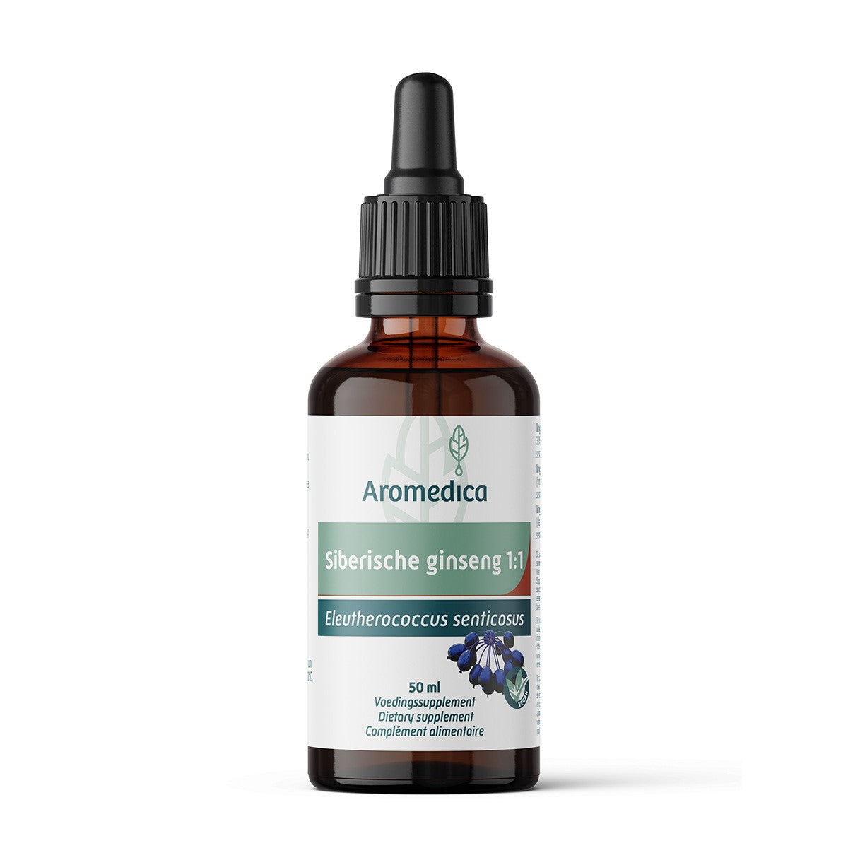Aromedica Siberische ginseng herbal extract in a 50ml bottle, showcasing the brown liquid and herbal label.