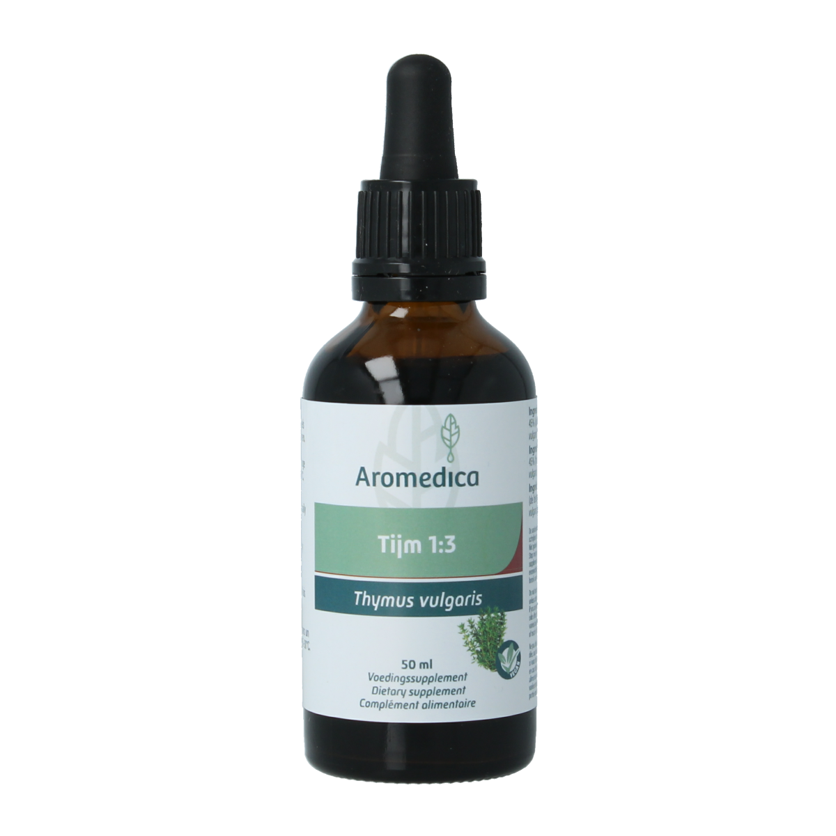 Aromedica Tijm herbal preparation bottle with label, 50ml, in a natural setting, showcasing the product for herbal remedies.