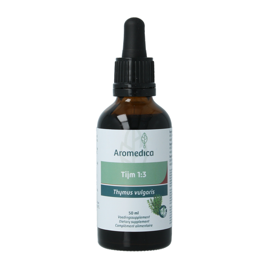 Aromedica Tijm herbal preparation bottle with label, 50ml, in a natural setting, showcasing the product for herbal remedies.