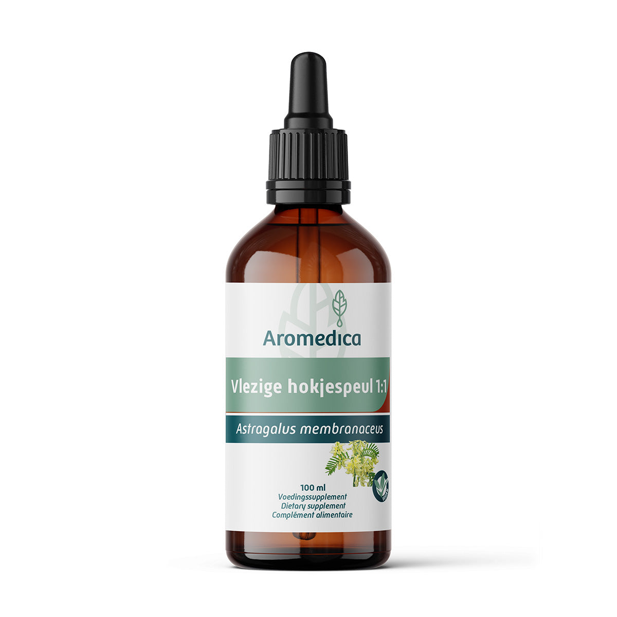 Aromedica herbal preparation in a 100ml bottle, featuring a white label with herbal illustrations and product details.