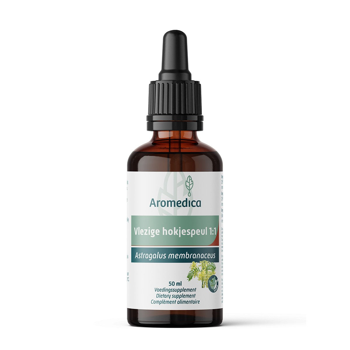 Aromedica Kruidenpreparaten Vlezige hokjespeul 1:1 50ml bottle with herbal extract label and transparent cap.