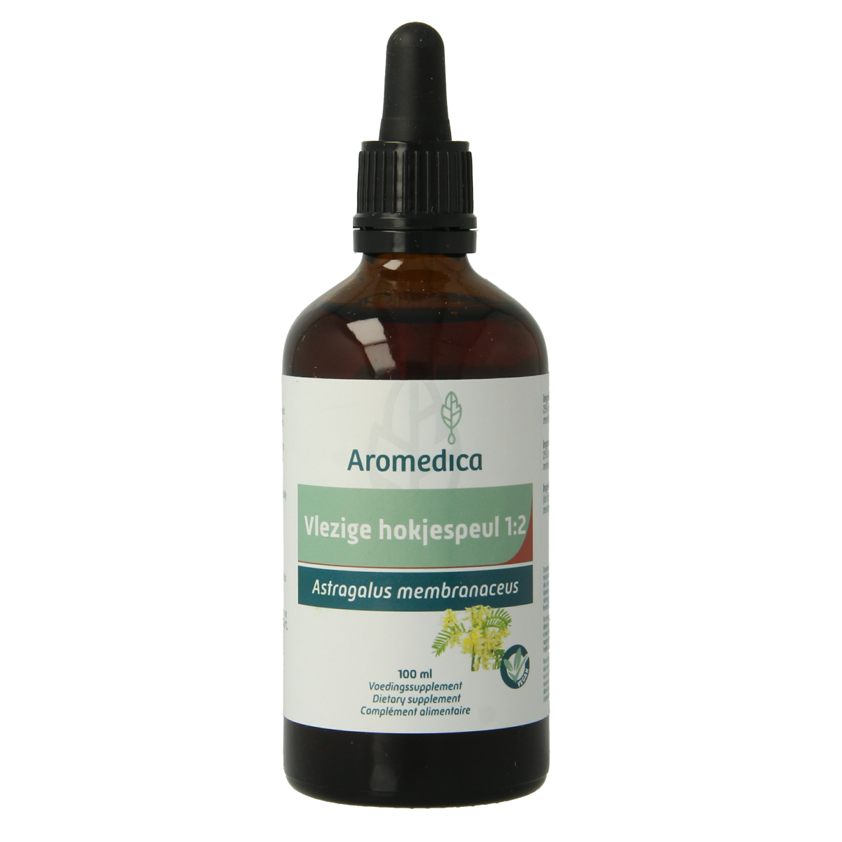 Aromedica Kruidenpreparaten Vlezige Hokjespeul 1:2 100ml bottle with herbal extract label and clear glass container