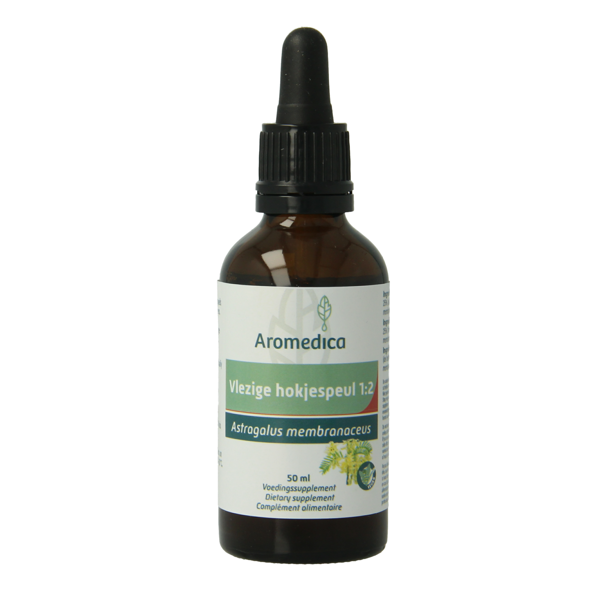 Aromedica Kruidenpreparaten Vlezige hokjespeul 1:2 50ml bottle with herbal extract liquid in a clear glass container