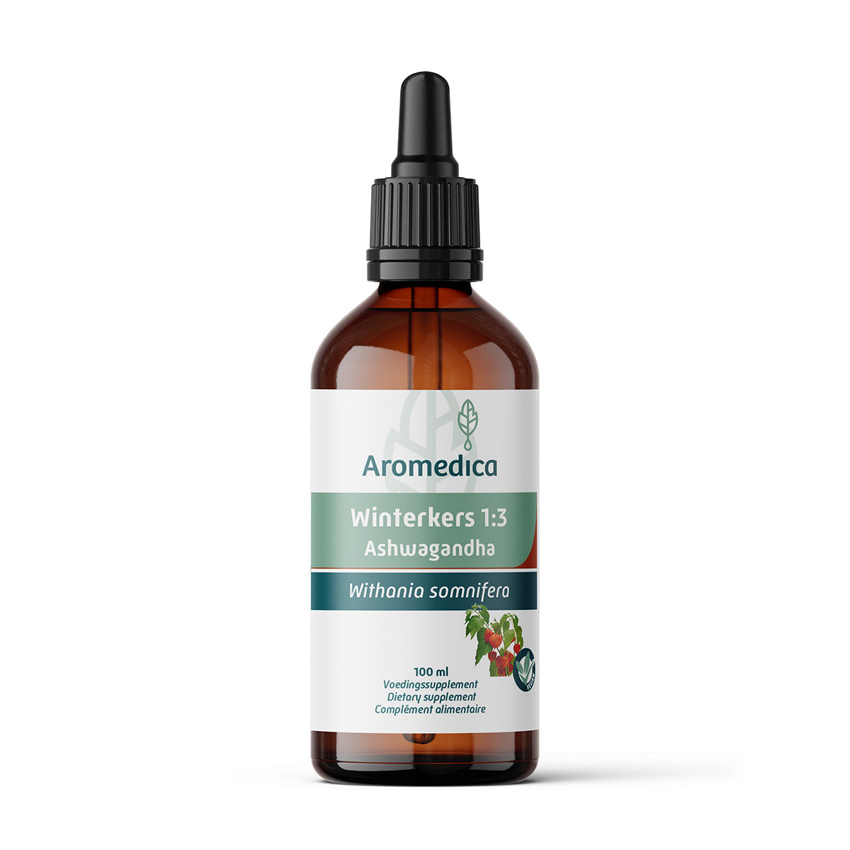 Aromedica Ashwagandha winterkers herbal extract in 100ml bottle, part of Aromedica Kruidenpreparaten line, with label visible.
