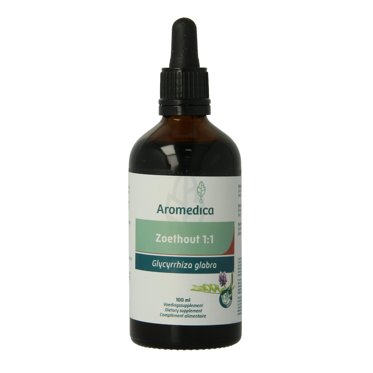 Aromedica Zoethout 1:1 herbal preparation in a 100ml bottle, showcasing the herbal extract with a focus on packaging and label details.