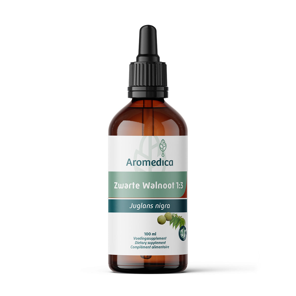 Aromedica Zwarte walnoot kruidenpreparaat in 100ml bottle, dark liquid with label, natural herbal remedy by Aromedica.