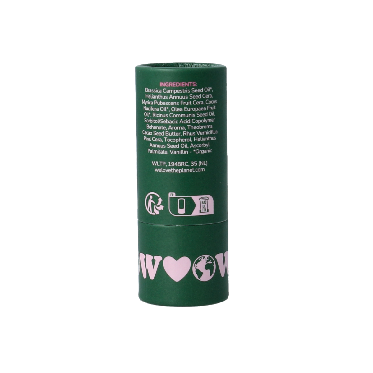 We Love The Planet vegan lip balm with lush raspberry flavor in a 7g tube, providing nourishing lip care.