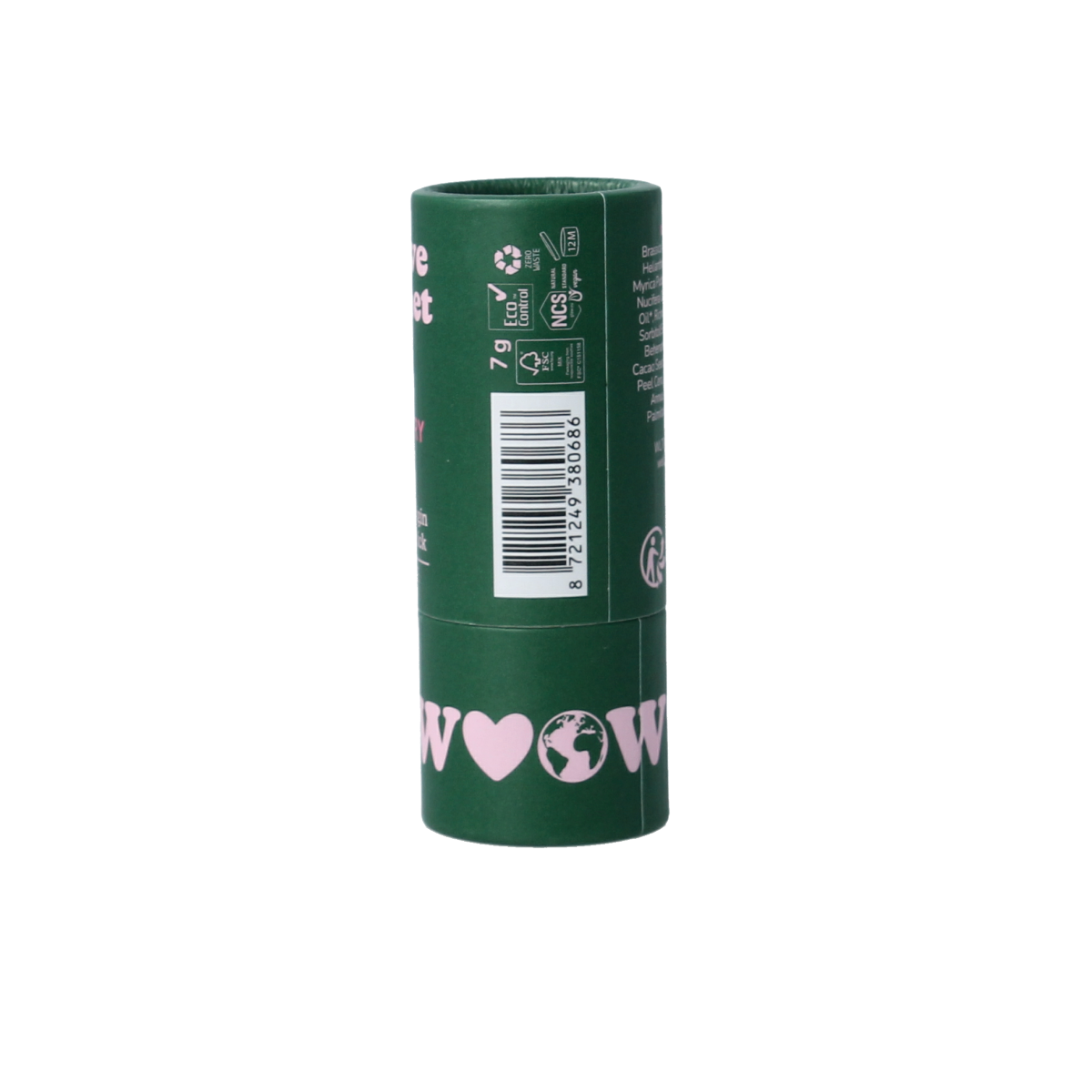 We Love The Planet vegan raspberry lip balm in a 7g tube, featuring lush raspberry flavor and natural lip care ingredients.