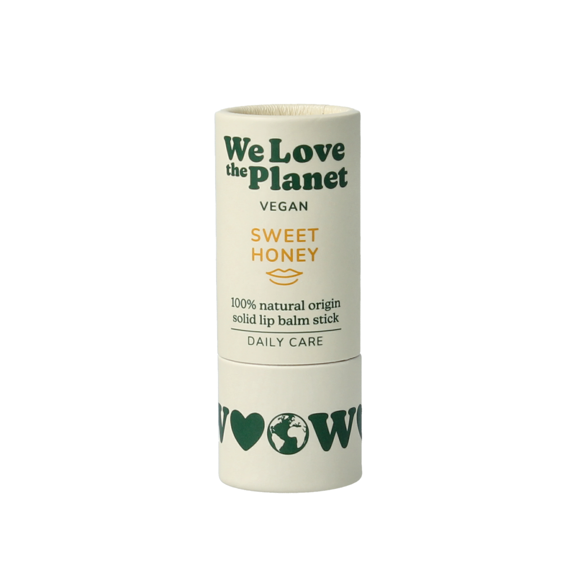 We Love The Planet vegan honey lip balm in a 7g tube, nourishing lip care with sweet honey scent and natural ingredients.
