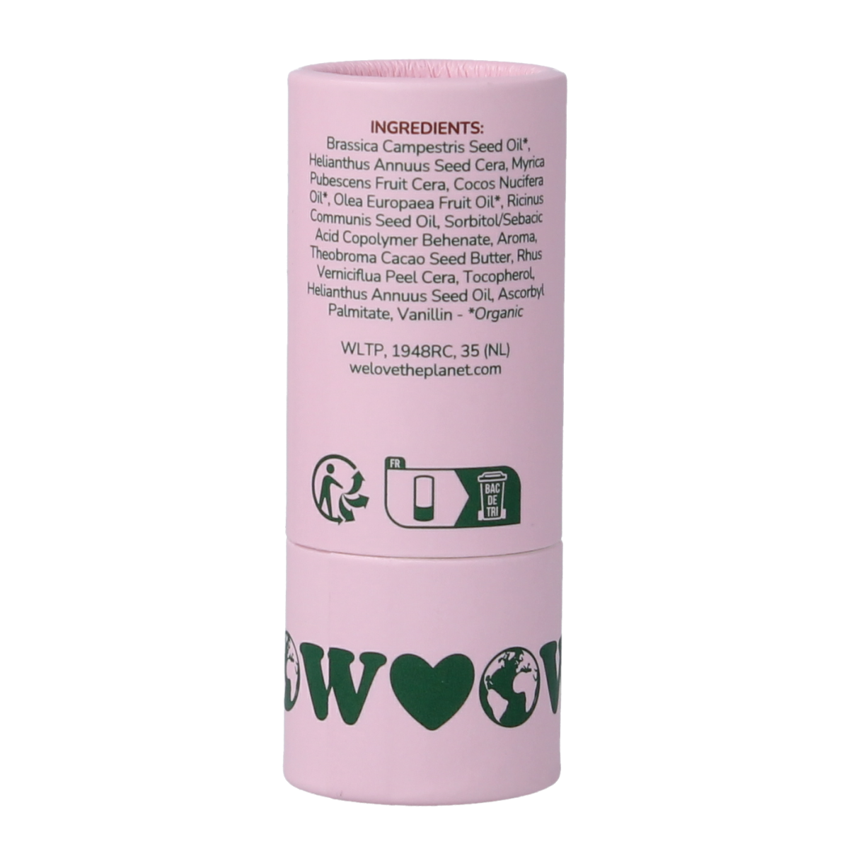 Vegan coconut lip balm by We Love The Planet, 7g, featuring silky smooth texture in a sleek tube.