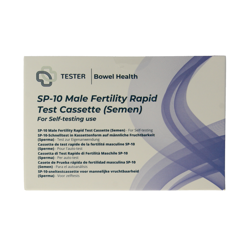 The Tester Vruchtbaarheidstest man, a single self-test kit for male fertility, with packaging and test device visible.