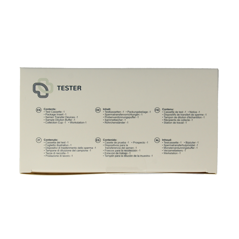 The Tester Vruchtbaarheidstest man, a single fertility self-test kit with the brand logo and testing components visible.