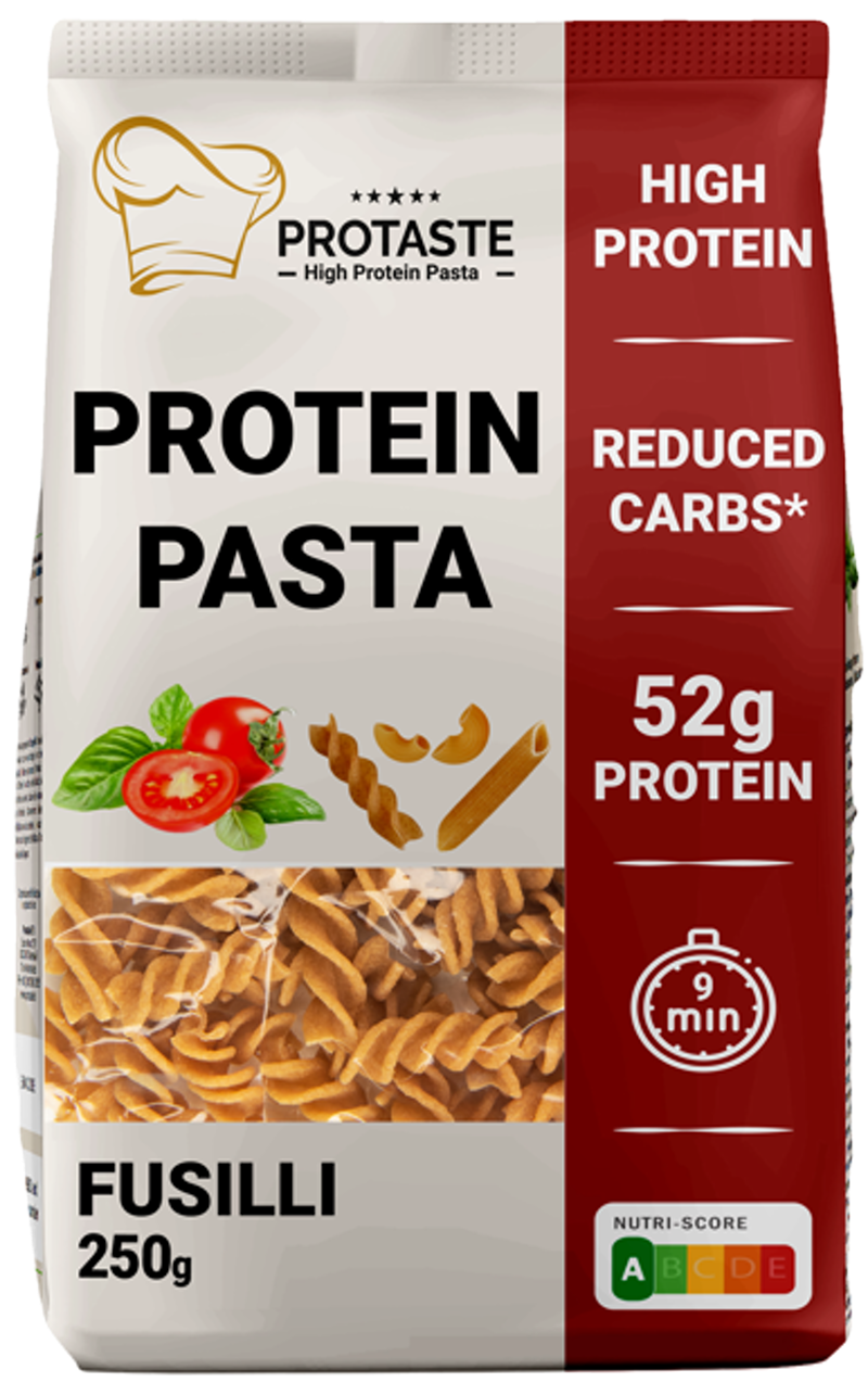 Protaste Protein Pasta Fusilli in rice pasta form, 250 grams, showing the spiral shape and rice-based pasta texture.