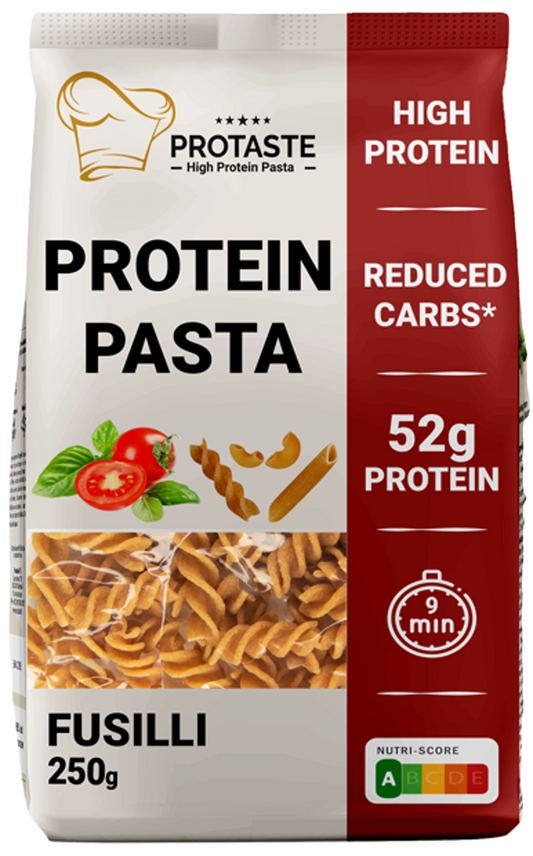 Protaste Protein Pasta Fusilli in rice pasta form, 250 grams, showing the spiral shape and rice-based pasta texture.
