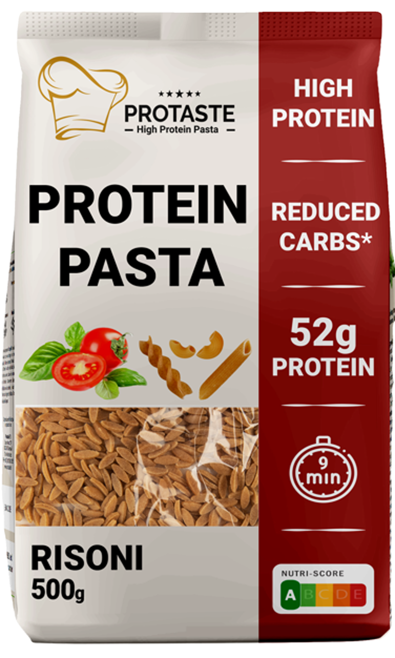 Protaste Protein pasta risoni in 500g package, rice-shaped pasta with high protein content, displayed in a clear image.