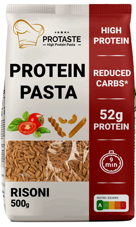 Protaste Protein pasta risoni in 500g package, rice-shaped pasta with high protein content, displayed in a clear image.