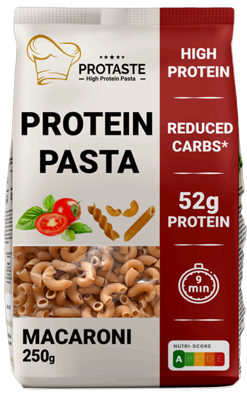Protaste protein pasta macaroni in rice pasta shape, 250g, in a clear package with the product label visible.