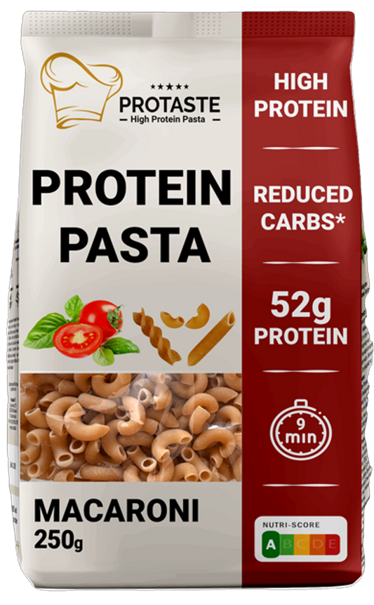 Protaste protein pasta macaroni in rice pasta shape, 250g, in a clear package with the product label visible.