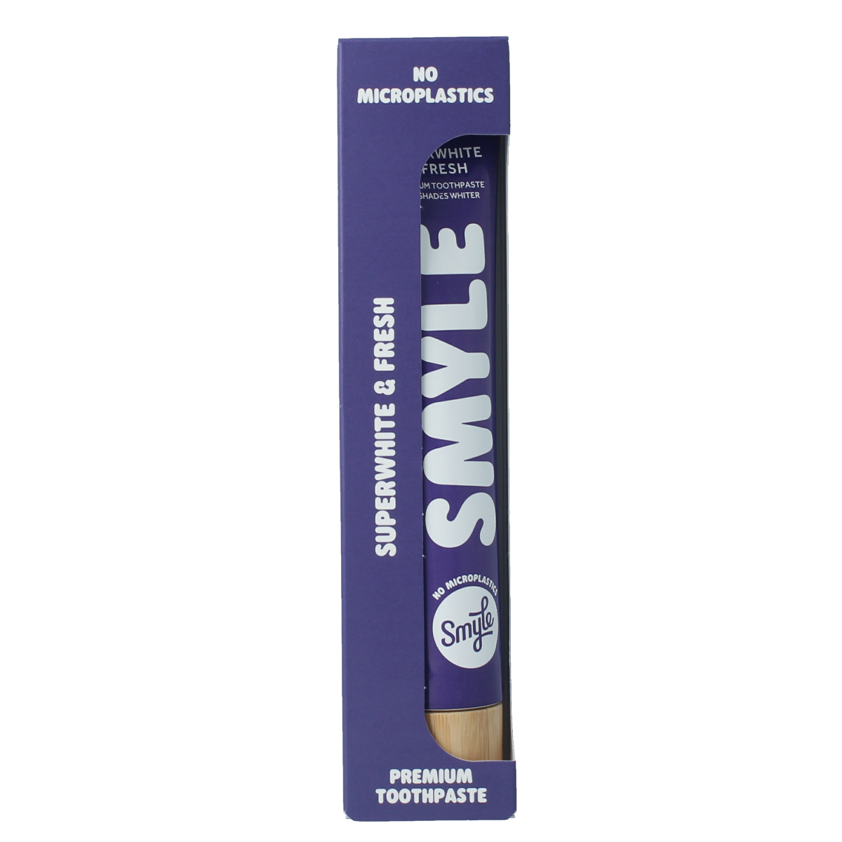 Smyle whitening toothpaste tube, 80ml, with a white and blue packaging design, for brightening teeth.