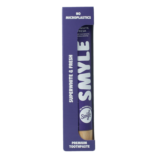 Smyle whitening toothpaste tube, 80ml, with a white and blue packaging design, for brightening teeth.