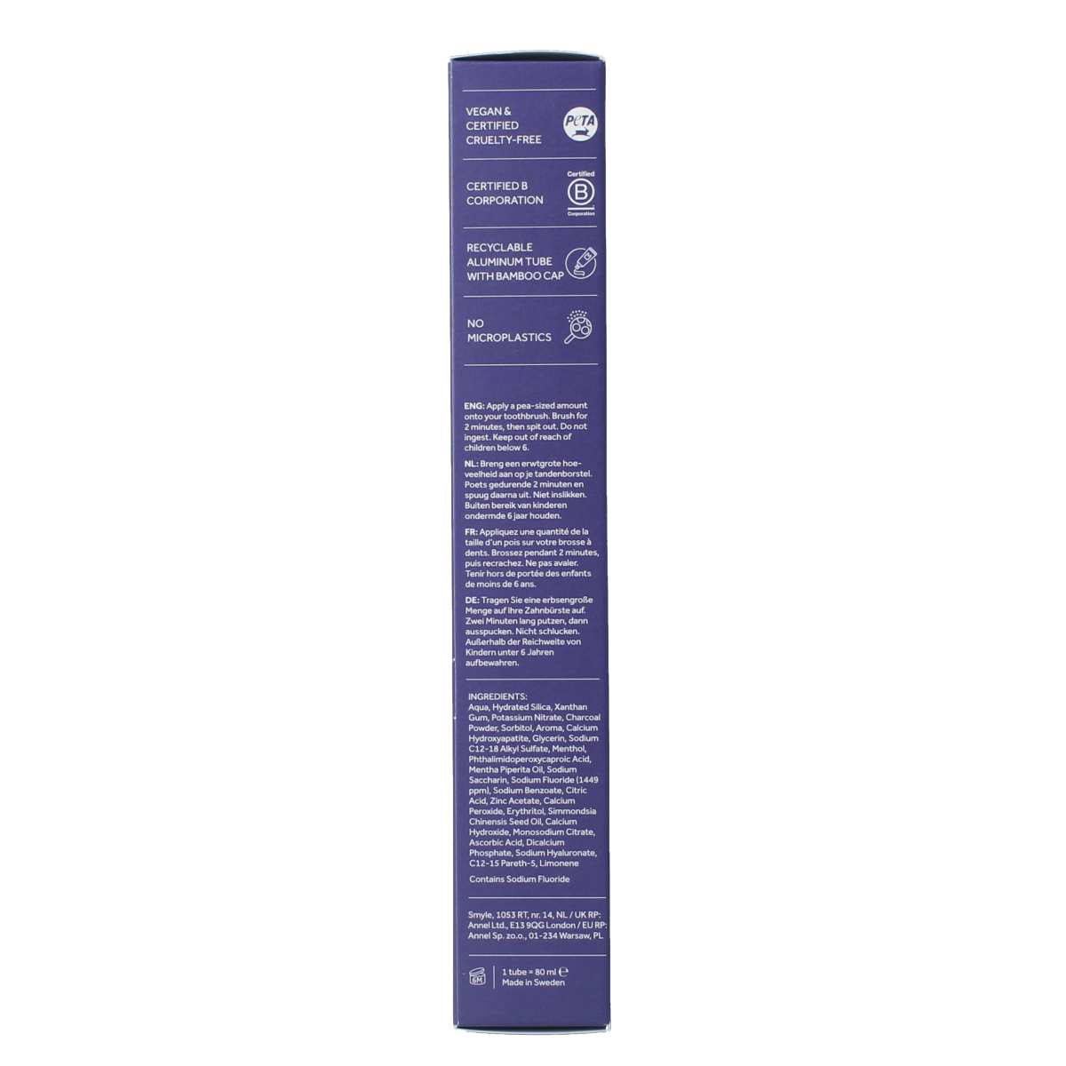 Smyle whitening toothpaste tube, 80ml, with a white and blue packaging, displayed on a clean surface.