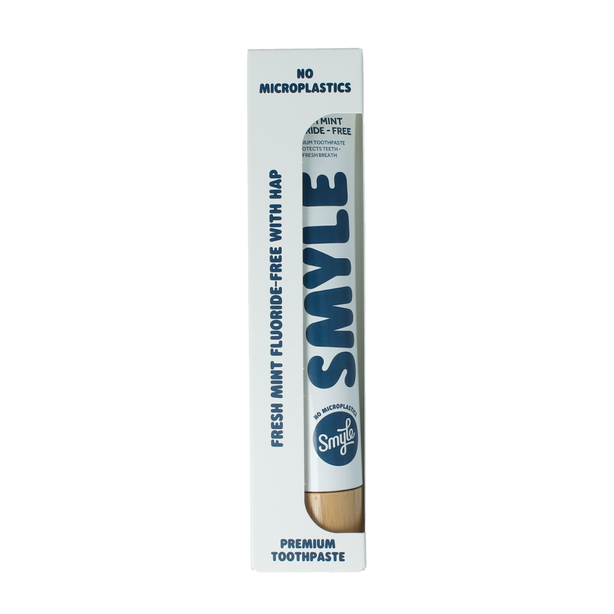 Smyle Fresh Mint fluoride-free toothpaste in 80ml tube, featuring a green and white packaging with mint flavor branding.