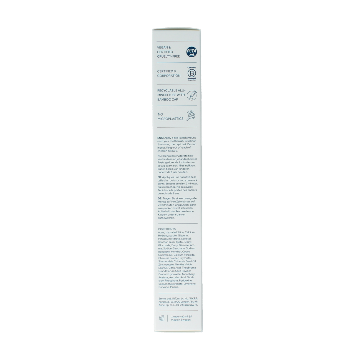 Smyle Fresh Mint fluoride-free toothpaste in 80ml tube, featuring a bright mint flavor and clean, fresh breath enhancement.