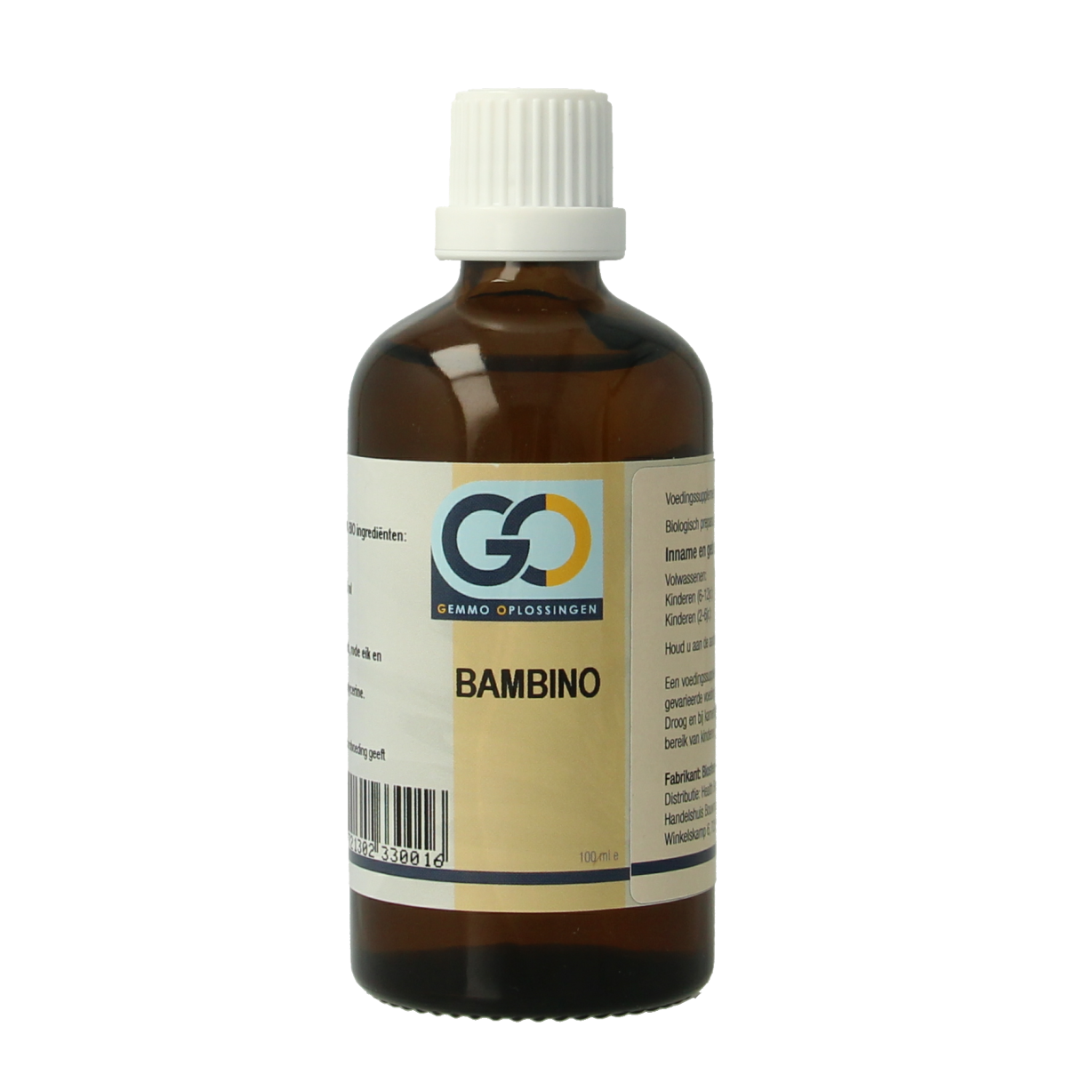 GO Bambino bio kruidenpreparaten bottle, 100ml, natural herbal supplement for children with organic ingredients.