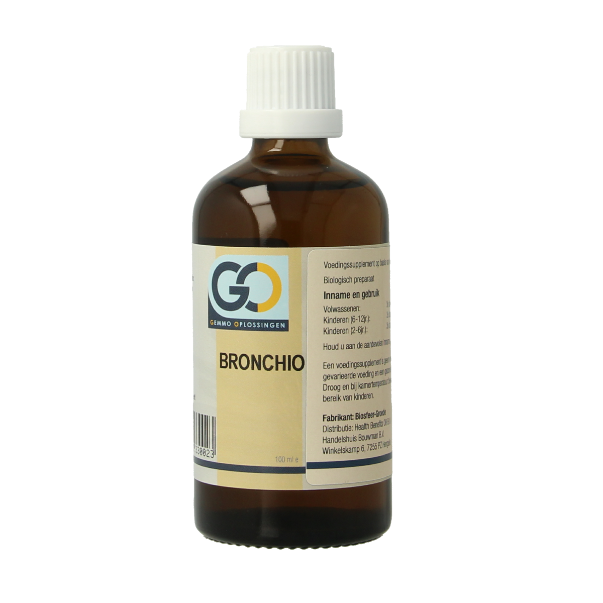 GO Bronchio bio herbal supplement in a 100ml bottle, featuring natural ingredients for respiratory support.