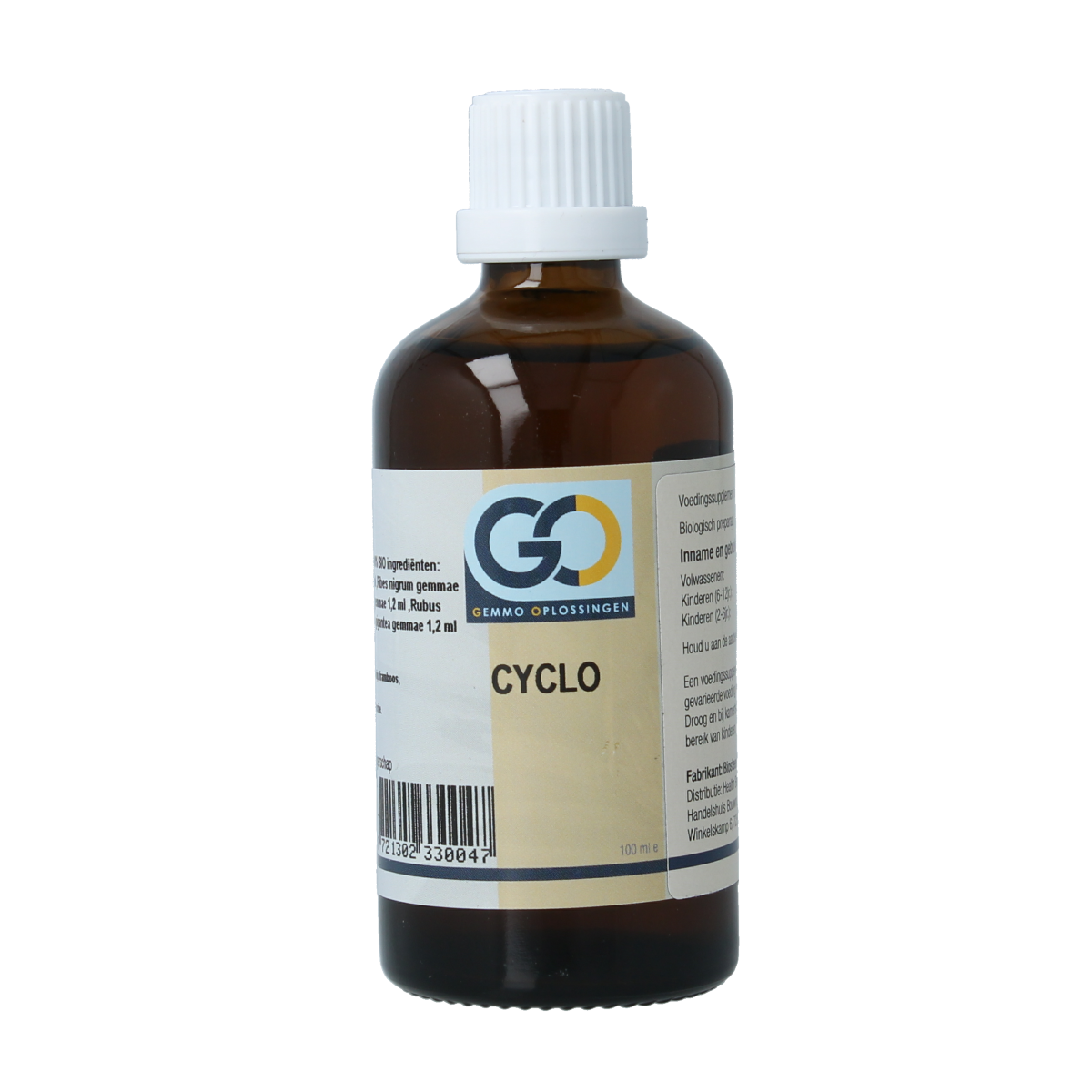 GO Cyclo bio herbal supplement bottle, 100ml, from GO Kruidenpreparaten line, with herbal ingredients and product label visible.