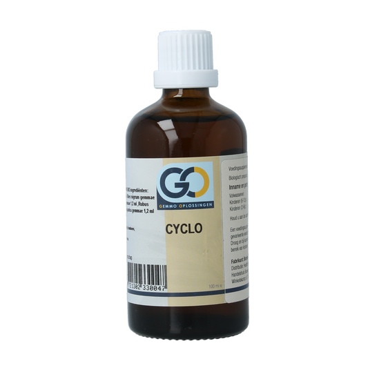 GO Cyclo bio herbal supplement bottle, 100ml, from GO Kruidenpreparaten line, with herbal ingredients and product label visible.