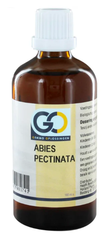 Bottle of GO Abies pectinata bio herbal preparation with a white cap and label, 100ml, used for herbal remedies.