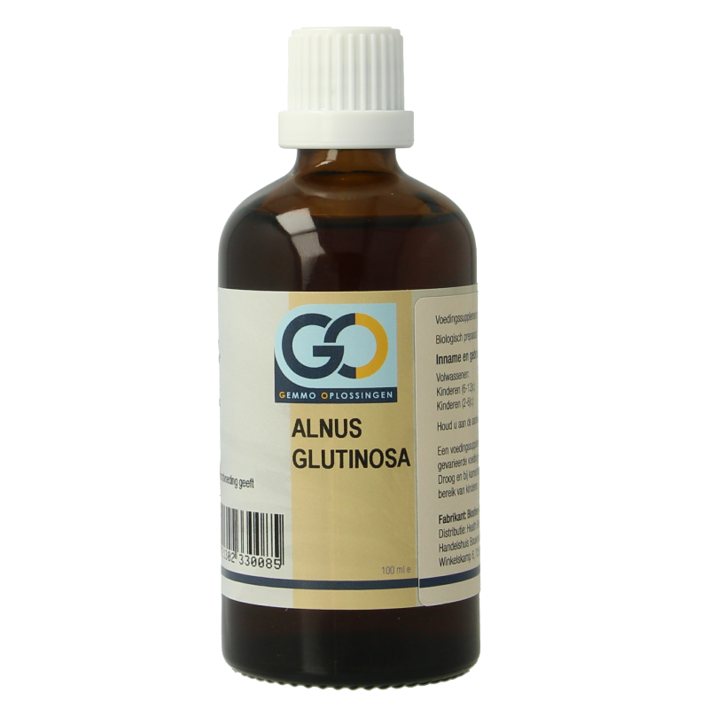 GO Alnus glutinosa bio herbal preparation in 100ml bottle, featuring fresh leaves and natural ingredients for herbal remedy.