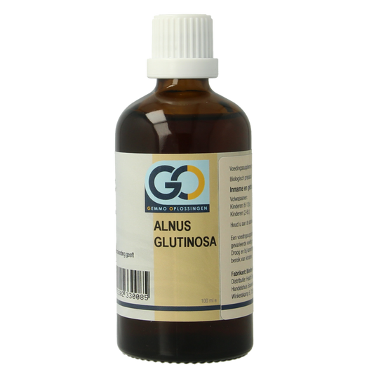 GO Alnus glutinosa bio herbal preparation in 100ml bottle, featuring fresh leaves and natural ingredients for herbal remedy.